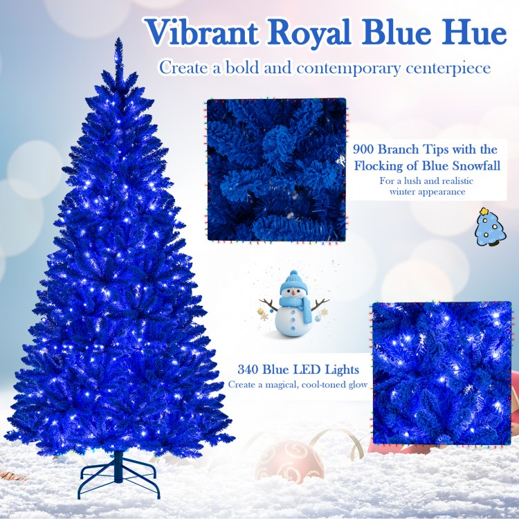 7 ft pre-lit artificial Christmas tree in vibrant royal blue with 340 LED lights and blue snowfall for a festive glow.