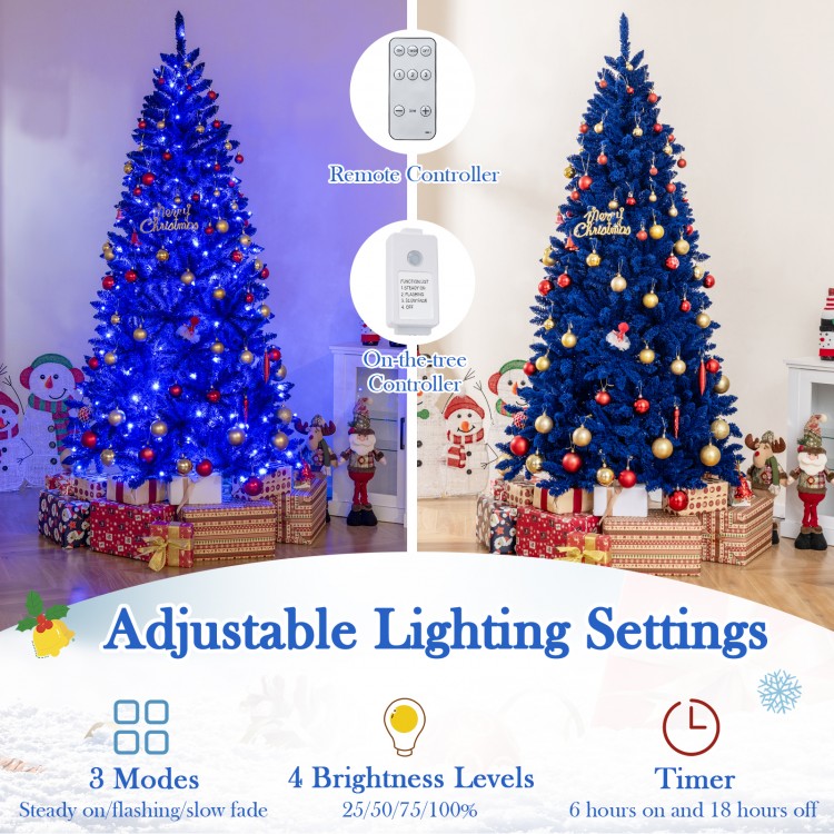 7 ft pre-lit artificial Christmas tree in vibrant royal blue with 340 LED lights, featuring adjustable modes and.