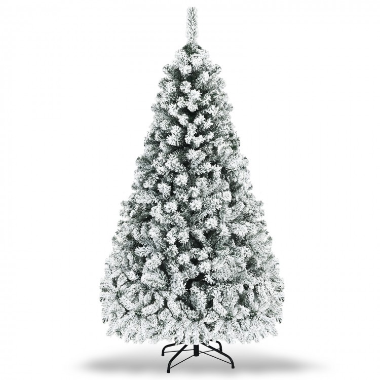 Snow-flocked 6 ft pre-lit artificial Christmas tree with LED lights and sturdy metal stand for festive decoration.
