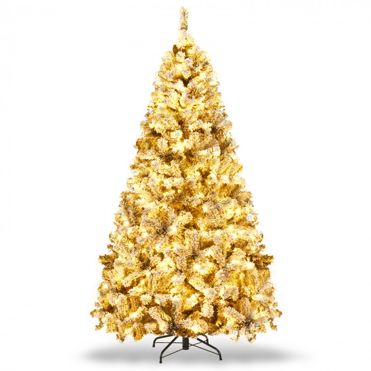 6 ft pre-lit snow-flocked artificial Christmas tree with LED lights, featuring a sturdy metal stand for stability.