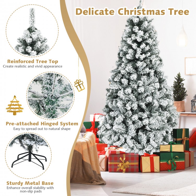 Snow-flocked 6 ft artificial Christmas tree with LED lights and sturdy metal base, perfect for festive home decoration.