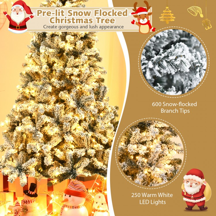 6 ft pre-lit snow flocked artificial Christmas tree with 600 branch tips and 250 warm white LED lights for festive.