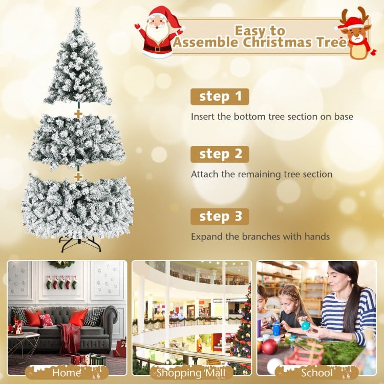6 ft pre-lit snow flocked artificial Christmas tree with hinged design for easy assembly, perfect for home or office.