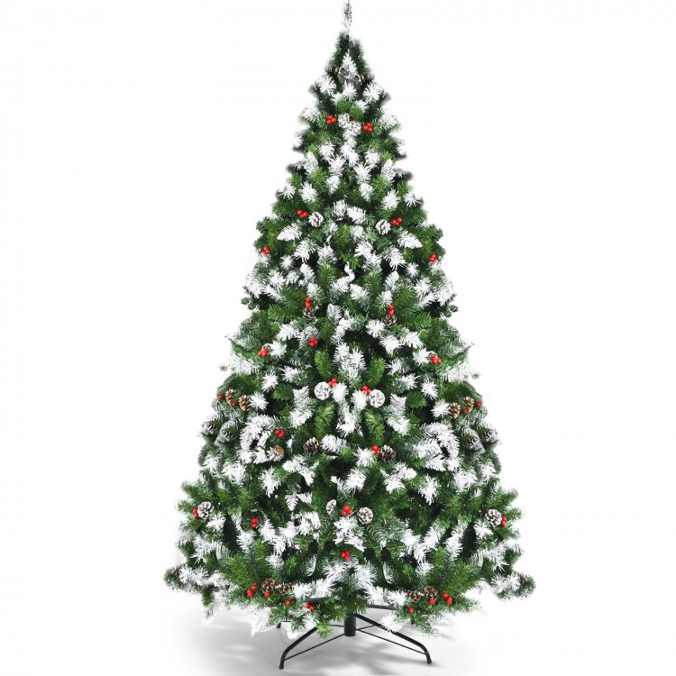 Snow flocked 6-foot Christmas tree with red berries, pine cones, and 250 warm white LED lights for festive decoration.