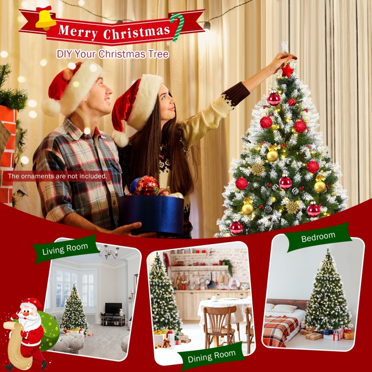 Snow flocked 6-foot Christmas tree with red berries and 250 warm white LED lights for festive home decoration.