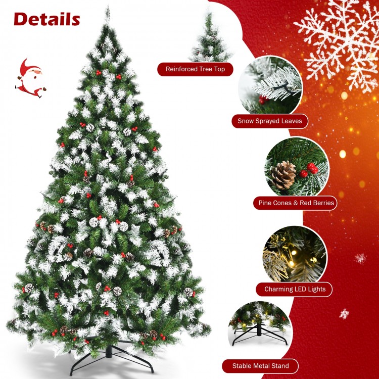 6-foot pre-lit snow flocked Christmas tree with red berries, pine cones, and 250 warm white LED lights for festive.