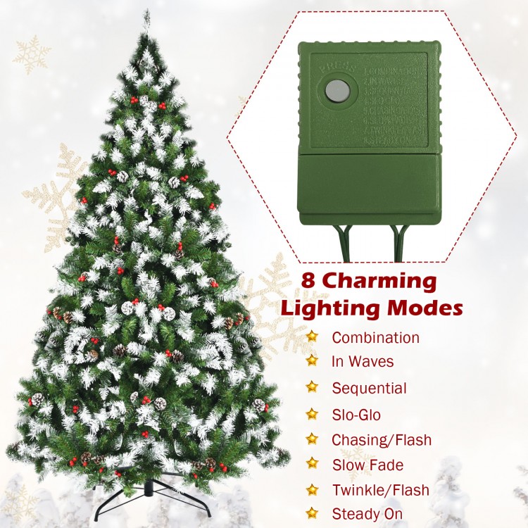 Pre-lit 6-foot snow flocked Christmas tree with red berries and 250 warm white LED lights for festive decoration.