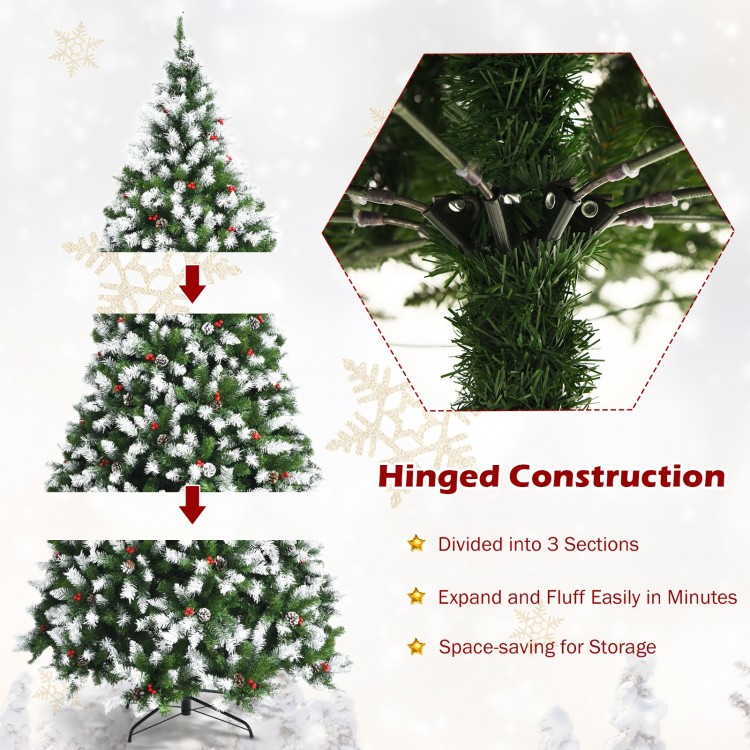 Snow flocked 6-foot Christmas tree with 250 LED lights, red berries, and hinged construction for easy setup and storage.