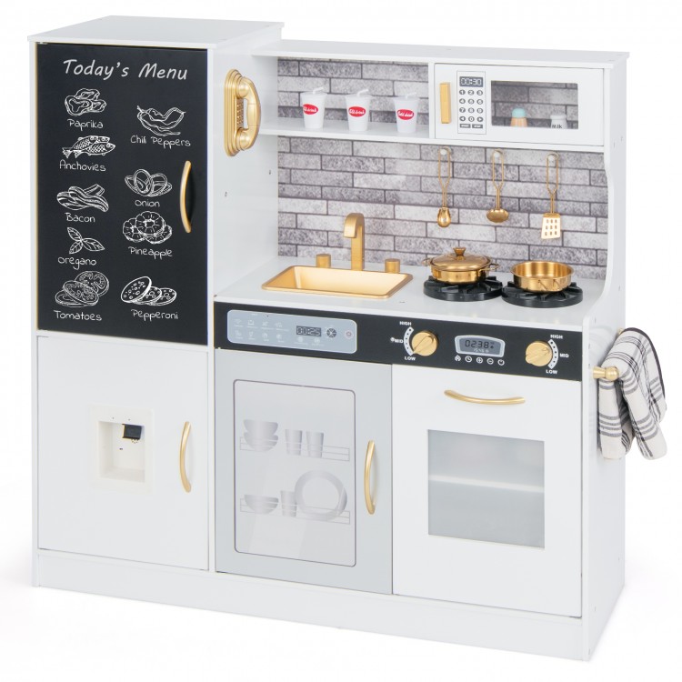 Pretend play kitchen in white with utensils, featuring a sink, stove, and dishwasher for imaginative cooking fun.