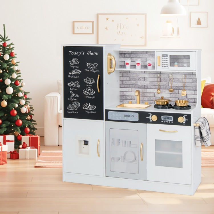 Pretend play kitchen in white with utensils, featuring a dishwasher, oven, and realistic cooking sounds for kids aged.