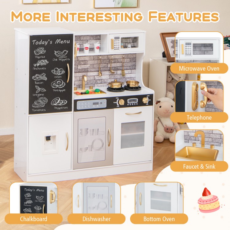 Pretend play kitchen in white with sink, oven, microwave, and utensils for imaginative cooking fun for kids aged 3+.