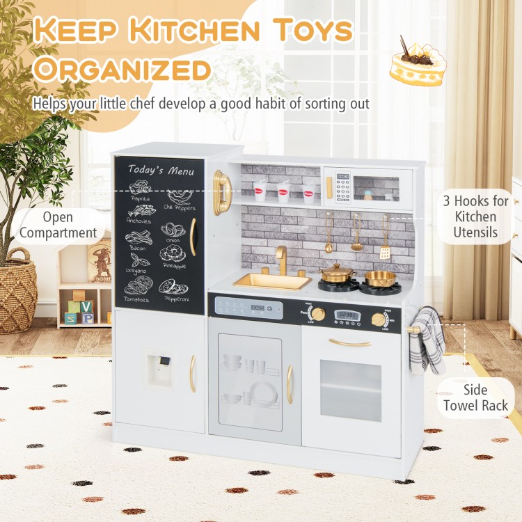 Pretend play kitchen in white with utensils, featuring a sink, stove, and chalkboard for imaginative cooking fun.
