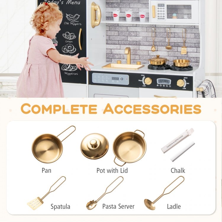Complete accessory set for the Pretend Play Kitchen, including a pan, pot with lid, spatula, pasta server, and ladle.