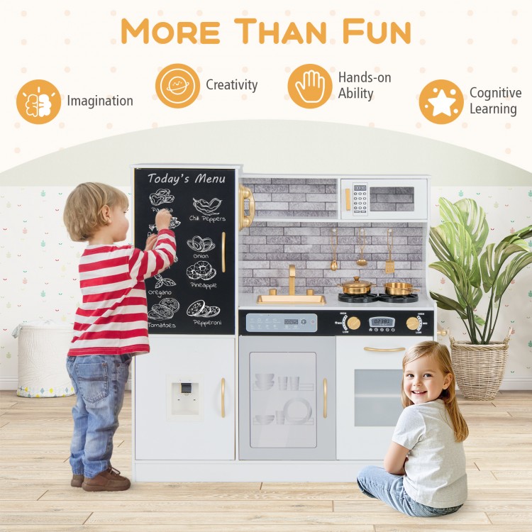 Pretend play kitchen for kids with dishwasher, oven, and utensils, designed for imaginative and creative cooking fun.