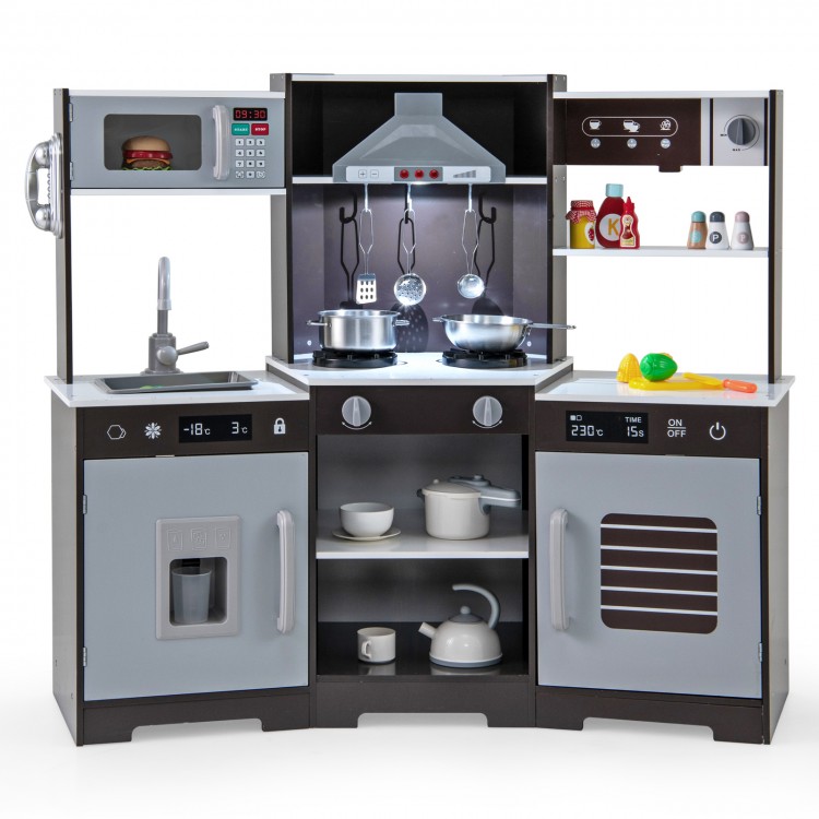 Wooden pretend play kitchen set in brown with range hood, lights, sounds, sink, and accessories for immersive play.