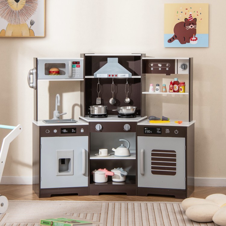 Wooden pretend play kitchen set in brown with range hood, realistic sounds, lights, and various accessories for.