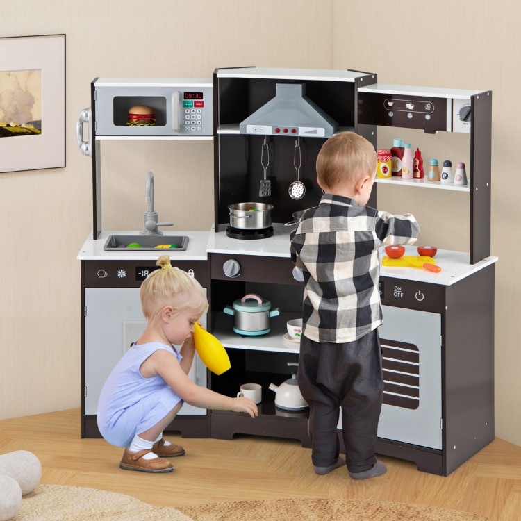 Wooden pretend play kitchen set in brown with range hood, realistic sounds, lights, and various accessories for kids.