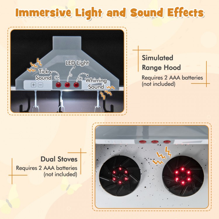 Simulated range hood with LED lights and sound effects, requires 2 AAA batteries for realistic play in the wooden.