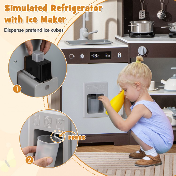 Simulated refrigerator with ice maker, part of the wooden pretend play kitchen toy set for immersive cooking fun.