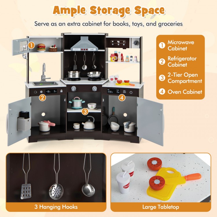Wooden pretend play kitchen set in brown with range hood, realistic sounds, lights, and ample storage for accessories.