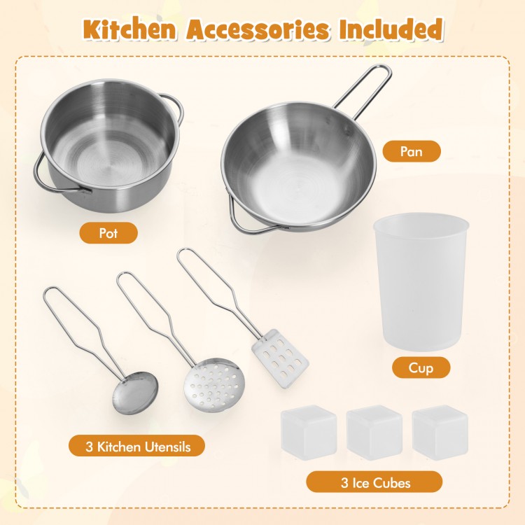 Stainless steel pot, pan, cup, and 3 kitchen utensils included in the pretend play kitchen toy set for imaginative.