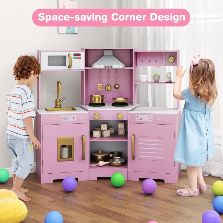 Wooden pretend play kitchen set in pink with range hood, lights, sounds, and accessories for immersive play.