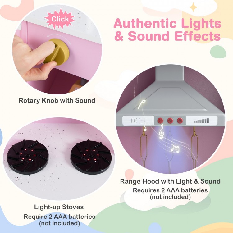 Pretend play kitchen wooden toy set in pink with range hood, lights, sounds, and realistic rotary knobs for immersive.