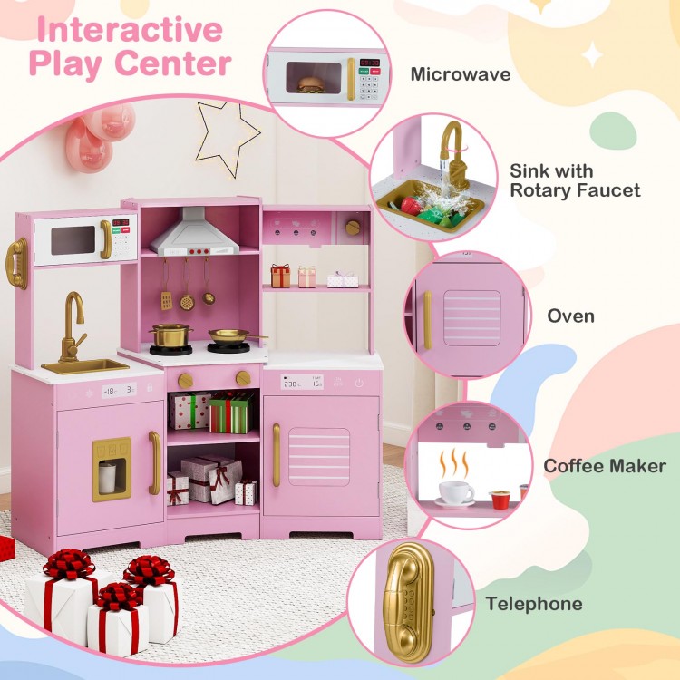 Pretend play kitchen wooden toy set in pink with realistic sounds, lights, and multiple interactive features for kids.