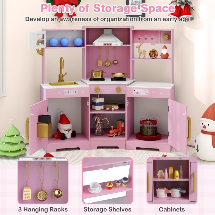 Pretend play kitchen wooden toy set in pink with range hood, LED lights, and realistic sounds for immersive play.
