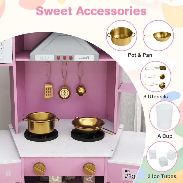 Wooden toy kitchen set in pink with pot, pan, utensils, and realistic sounds and lights for imaginative play.