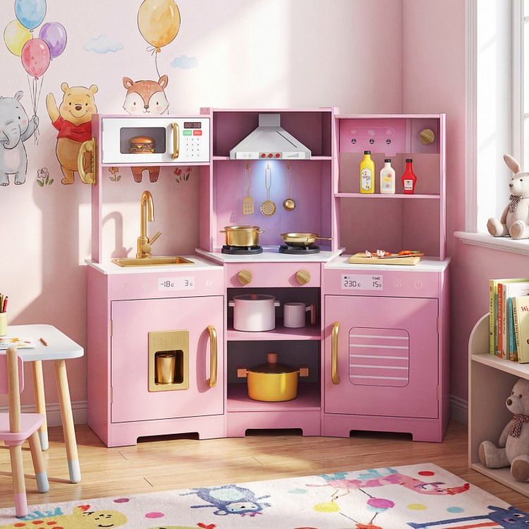Wooden pretend play kitchen set in pink with range hood, realistic sounds, lights, and included accessories for.
