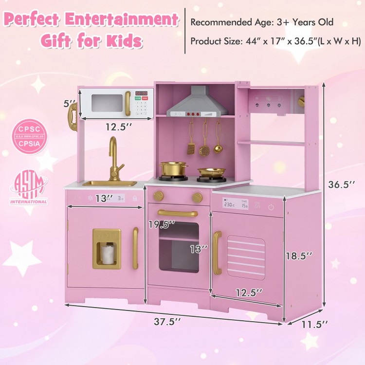 Pretend play kitchen toy set in pink with range hood, lights, sounds, and accessories for imaginative play.
