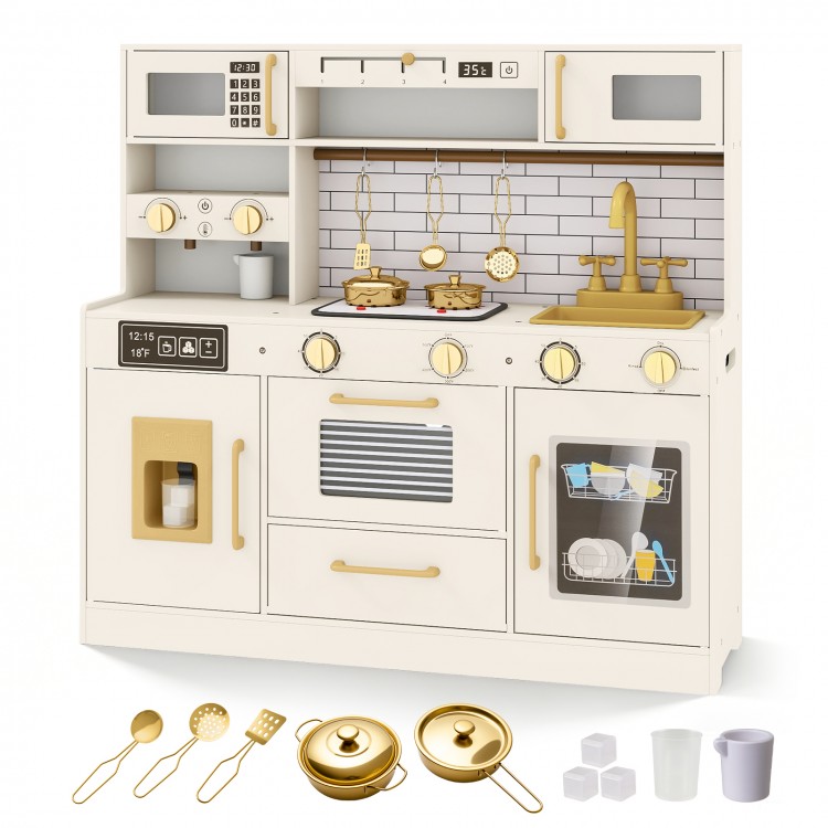 Pretend toy kitchen set in beige with stoves, water dispenser, and accessories for immersive role-play fun.