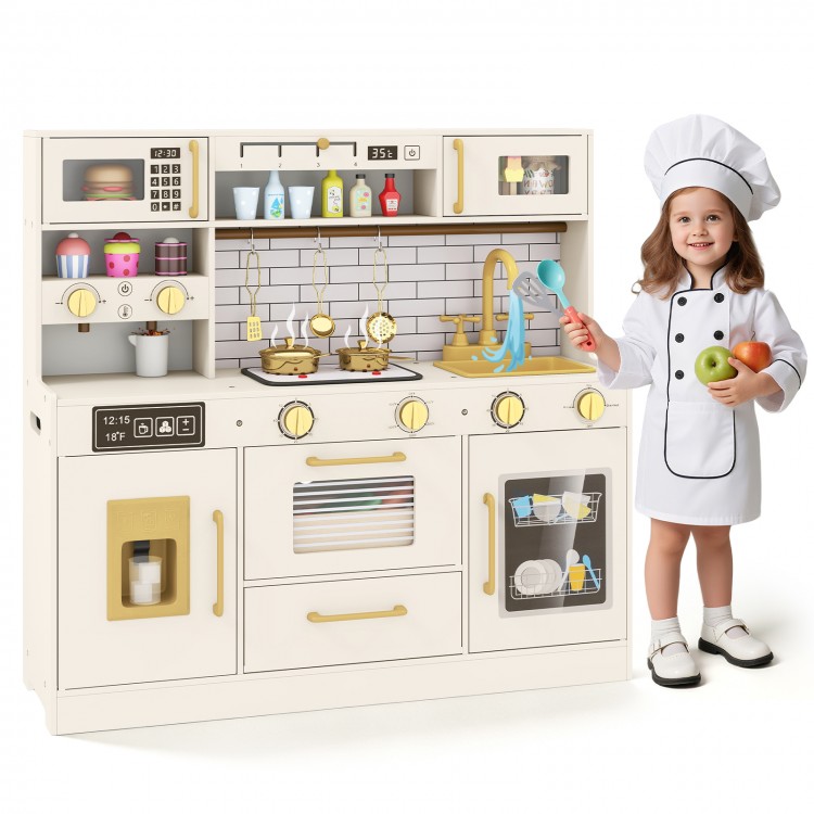 Beige pretend toy kitchen set with realistic stoves, faucet, and open shelves, perfect for imaginative play and.