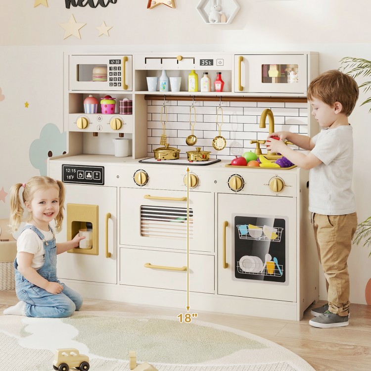 Beige pretend toy kitchen set featuring a close-up of the faucet, sink, and colorful food for imaginative playtime.