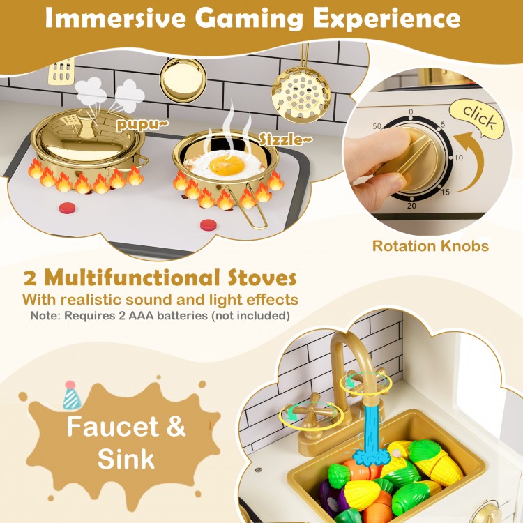 Pretend toy kitchen set featuring beige multifunctional stoves, faucet, and sink for immersive role-play fun.