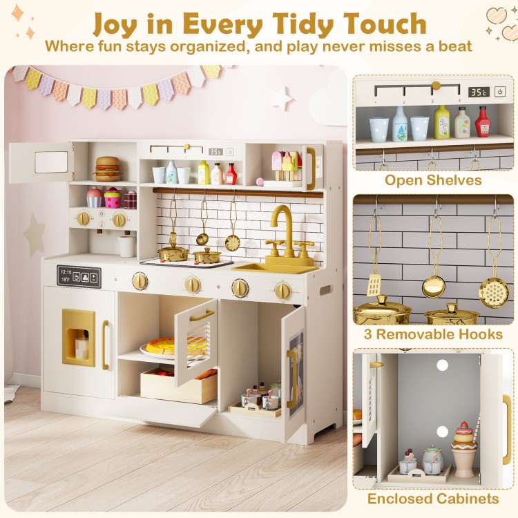 Pretend toy kitchen set in beige featuring stoves, water dispenser, open shelves, and enclosed cabinets for imaginative.