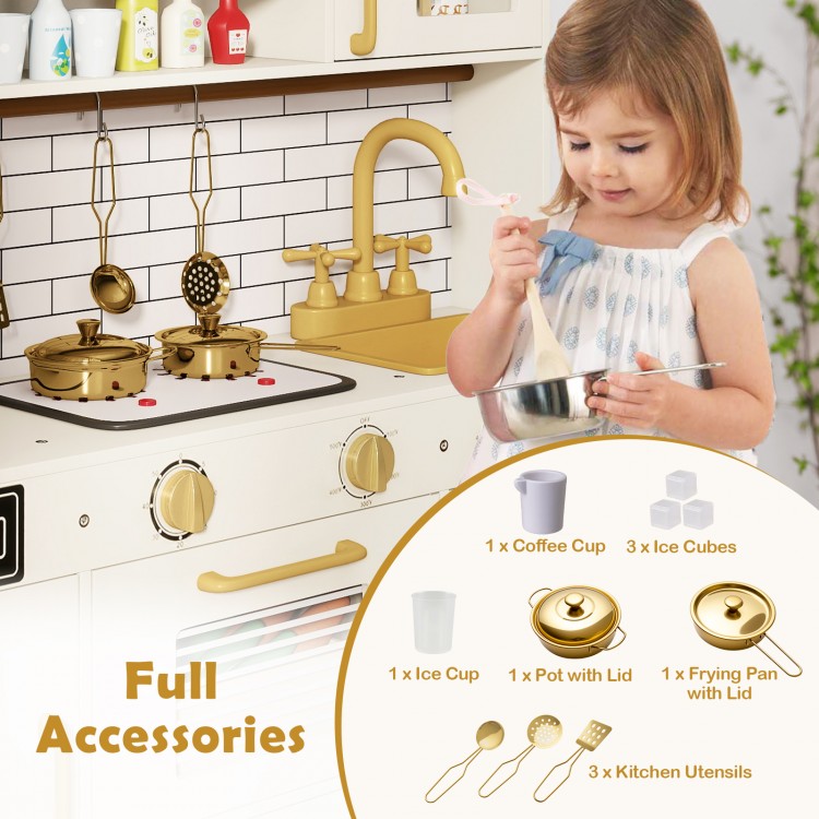 Pretend toy kitchen set in beige with stoves, water dispenser, and full accessories for immersive role-play fun.