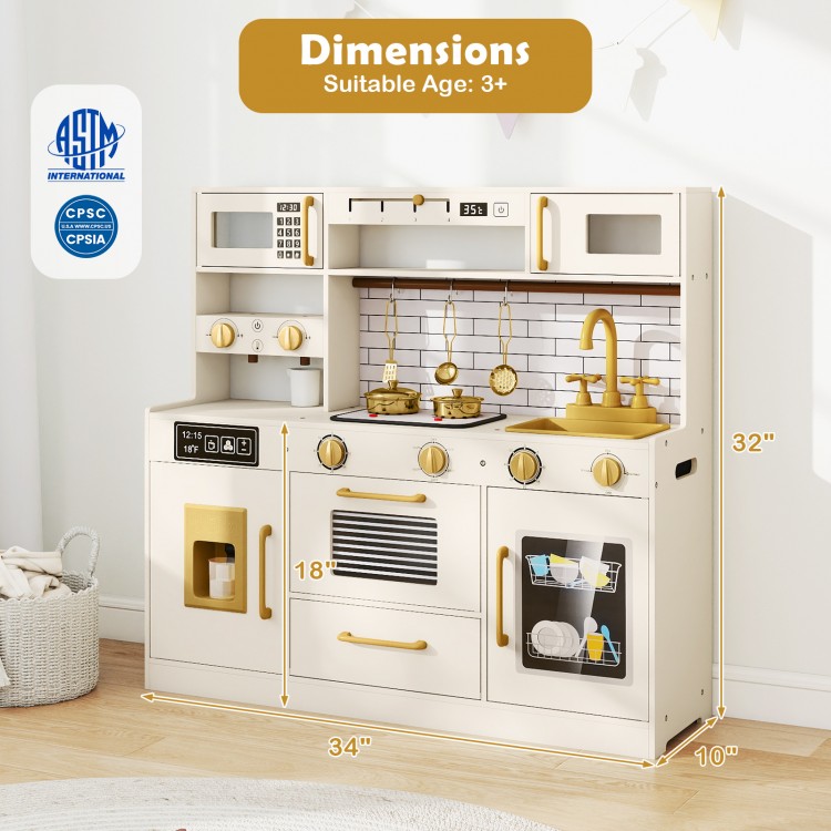 Beige pretend toy kitchen set with dimensions shown, featuring stoves, sink, and cabinets for safe and fun role-play.