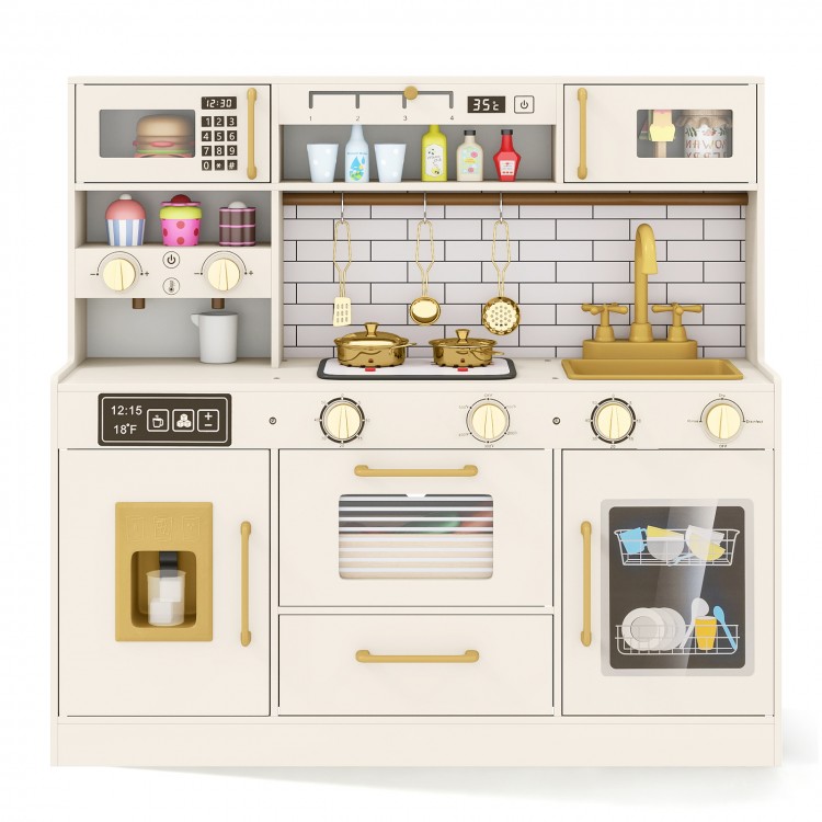 Pretend toy kitchen set in beige with stoves, water dispenser, and realistic sound effects for immersive role-play fun.