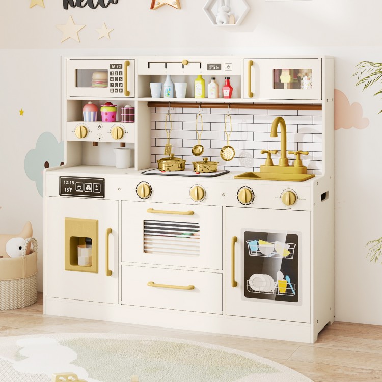Beige pretend toy kitchen set featuring a close-up of the stove knobs and microwave for realistic play experiences.