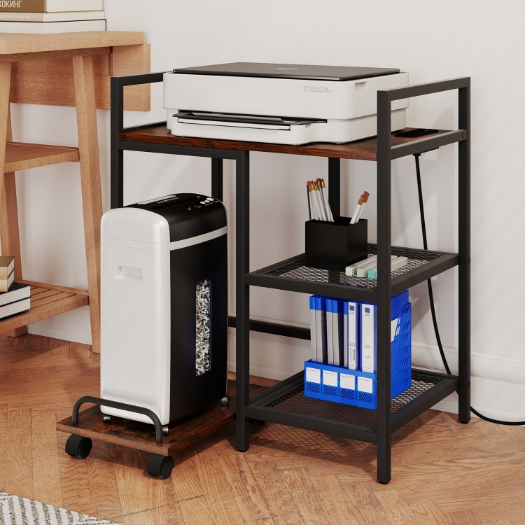 Printer stand in rustic brown with charging station, open mesh shelves, and wheels for easy movement in an organized.
