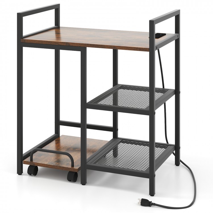 Printer stand in rustic brown with charging station, open mesh shelves, and wheels for easy movement in workspace.