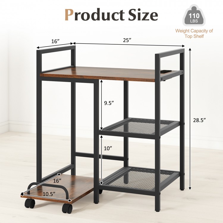 Printer stand with charging station in rustic brown, featuring open mesh shelves and adjustable foot pads for stability.