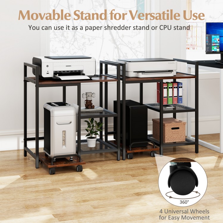 Movable printer stand with charging station, rustic brown finish, featuring open shelves and 4 wheels for easy movement.