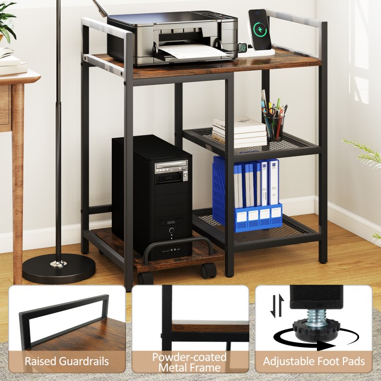 Printer stand in rustic brown with charging station, open shelves, and adjustable foot pads for organized workspace.