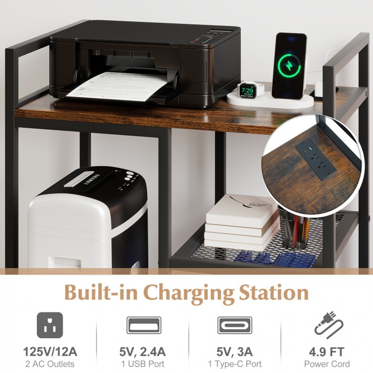 Printer stand in rustic brown with built-in charging station, open shelves, and wheels for easy movement.