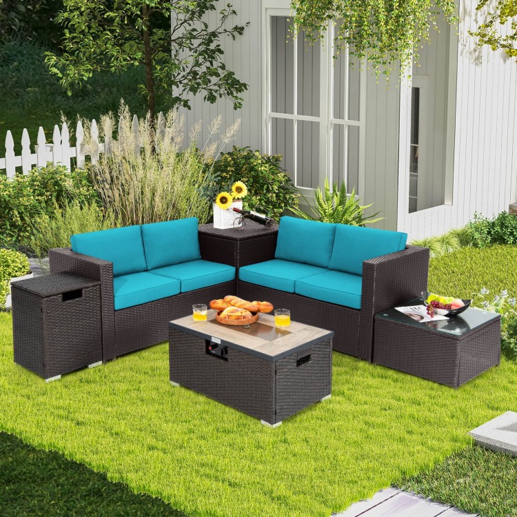 Outdoor fire pit table set with brown PE rattan, 40000 BTU heat, and side table for versatile outdoor use.