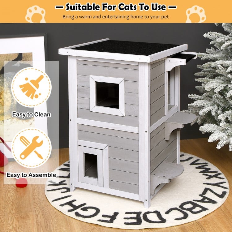 2-story wooden cat house with escape door, made of firwood and plywood, ideal for indoor and outdoor pet use.