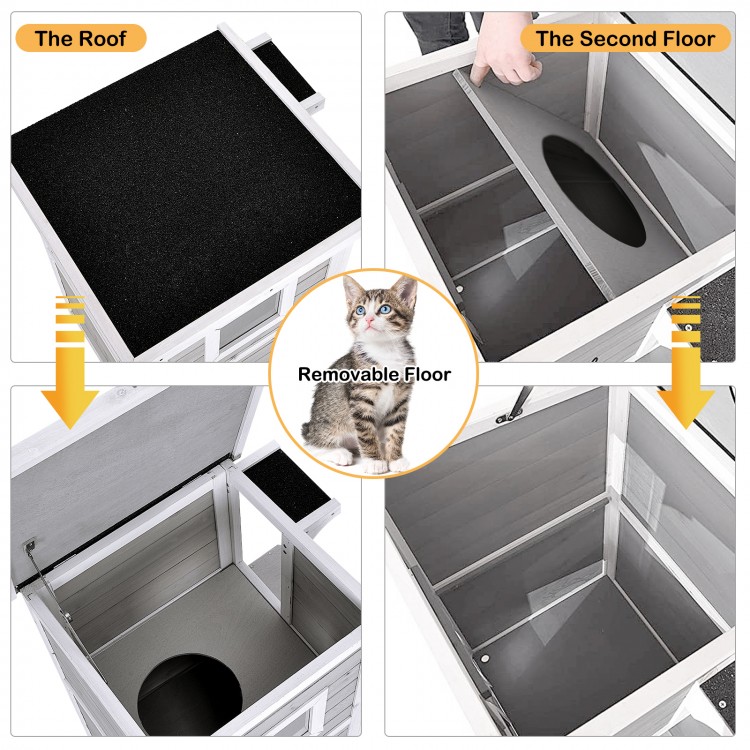 2-story wooden cat house with escape door, detachable floor, and rainproof asphalt roof for indoor and outdoor use.